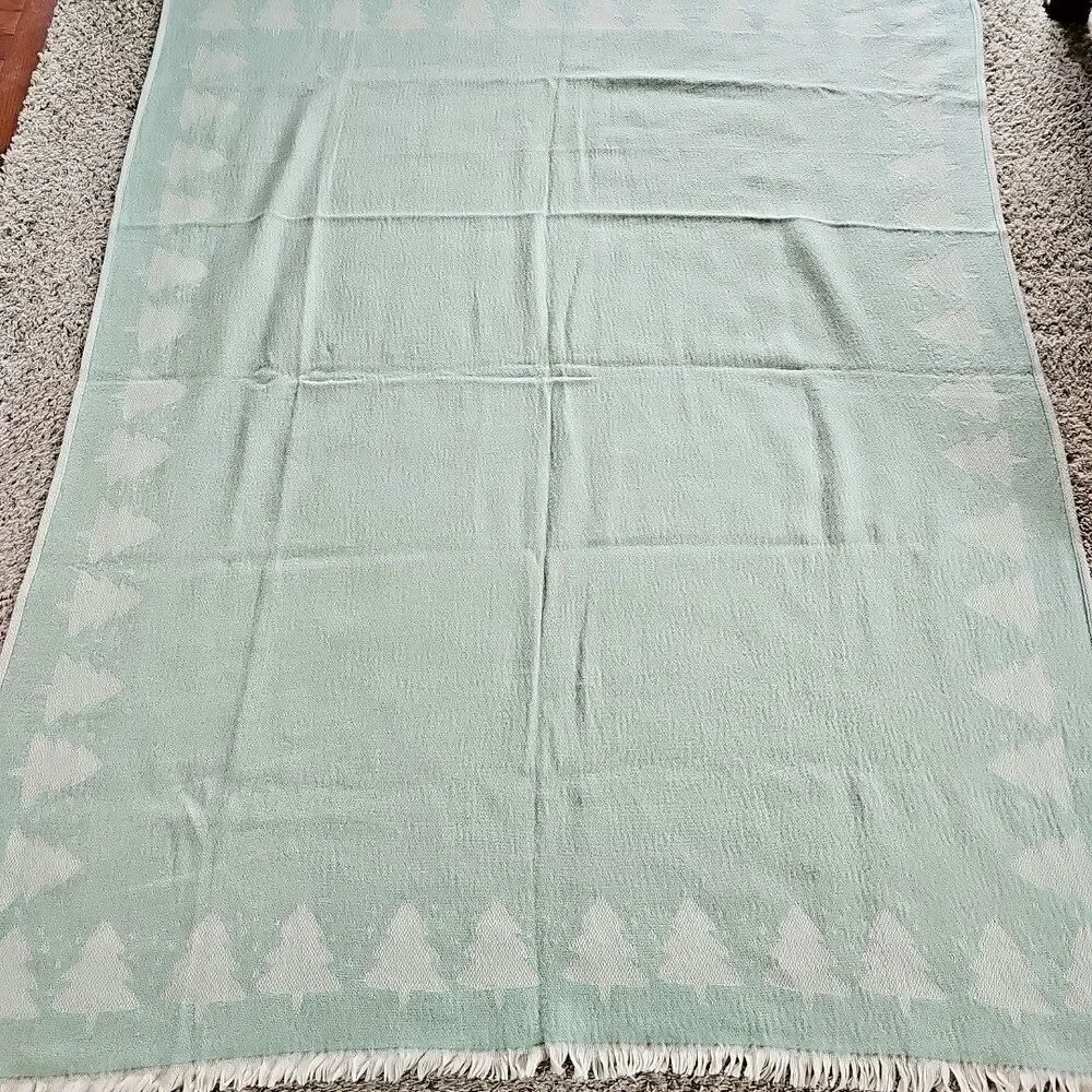 Antonio Salgado Jacquard Christmas Blanket Soft Green Fuzzy Trees Cotton